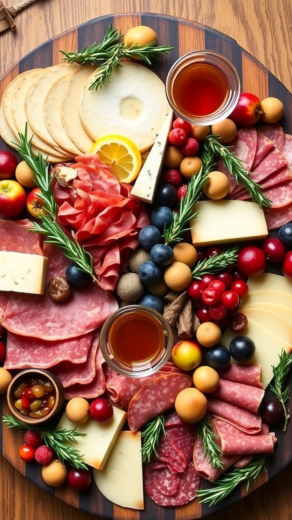 A festive charcuterie board with meats, cheeses, fruits, and herbs for Christmas.
